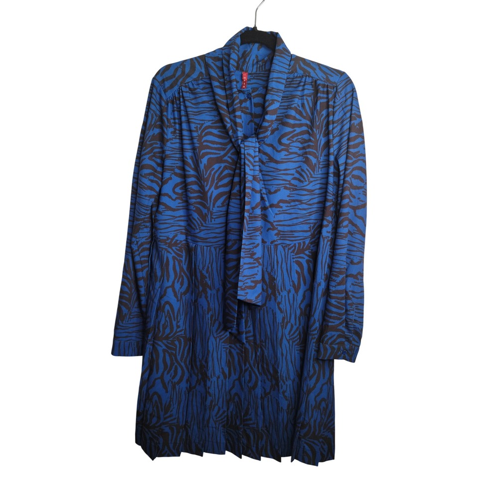 Imperial Women's Blue Brown Zebra Print Pleated Tie‎ Neck Long Sleeve Dress
